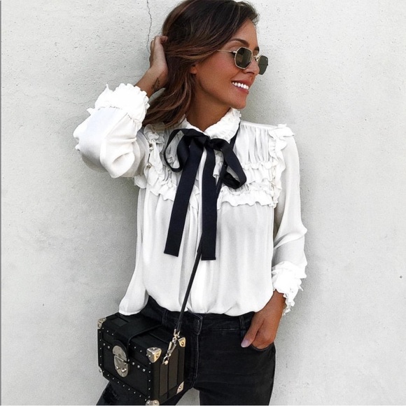 GORGEOUS ZARA Romantic Ruffle Blouse w Bow Tie m blogger’s favorite medium - Picture 1 of 8